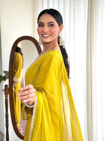 Yellow Embroidered Chanderi Top with Najmin Dupatta and Pant set Kurti with Bottom and Dupatta Shopin Di Apparels 