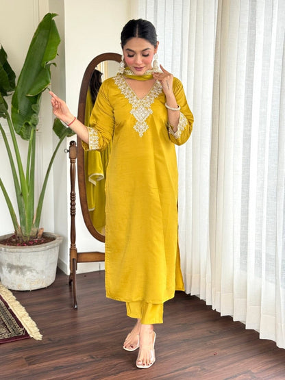 Yellow Embroidered Chanderi Top with Najmin Dupatta and Pant set Kurti with Bottom and Dupatta Shopin Di Apparels 