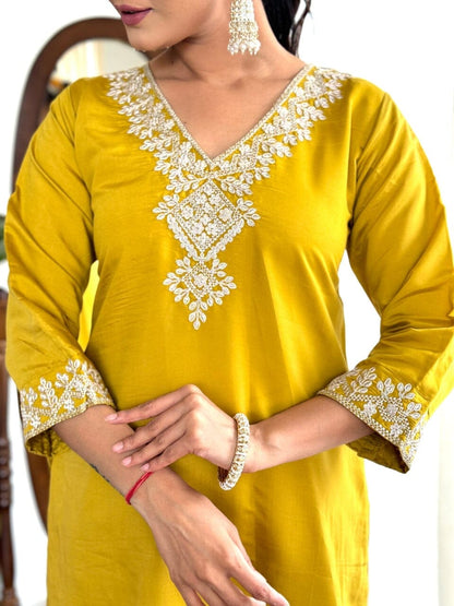 Yellow Embroidered Chanderi Top with Najmin Dupatta and Pant set Kurti with Bottom and Dupatta Shopin Di Apparels 