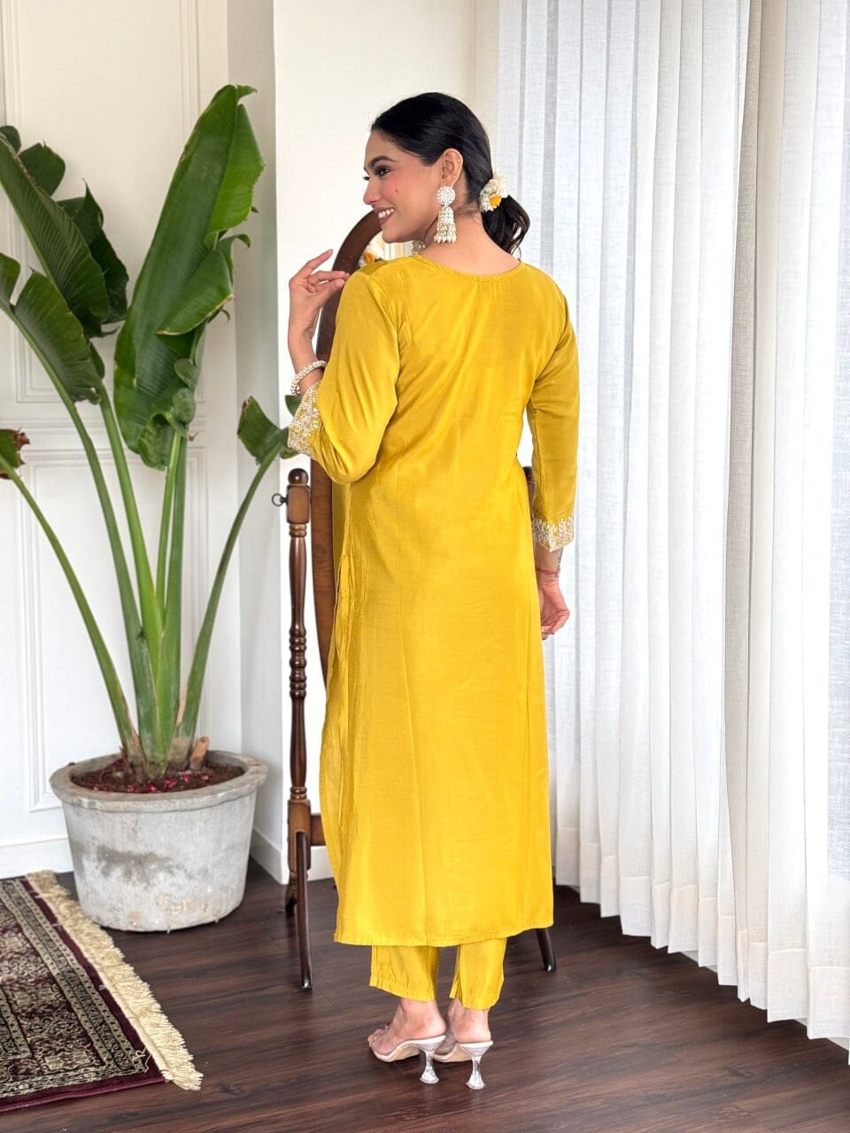 Yellow Embroidered Chanderi Top with Najmin Dupatta and Pant set Kurti with Bottom and Dupatta Shopin Di Apparels 