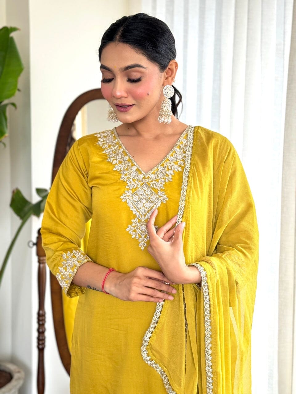 Yellow Embroidered Chanderi Top with Najmin Dupatta and Pant set Kurti with Bottom and Dupatta Shopin Di Apparels 