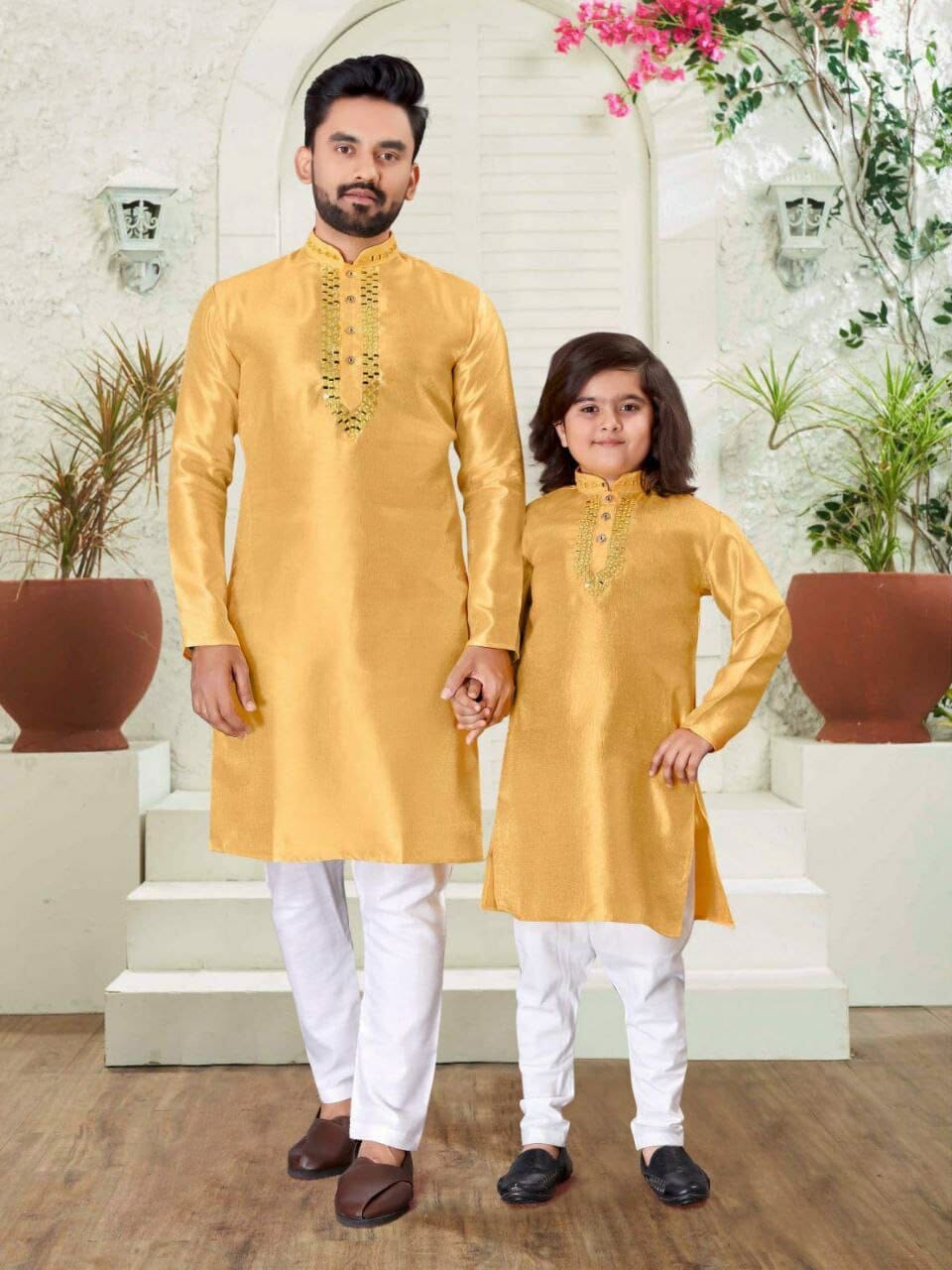 Yellow Men's & Kids Traditional wear Kurtas Pyjamas Combo Combo Shopin Di Apparels 