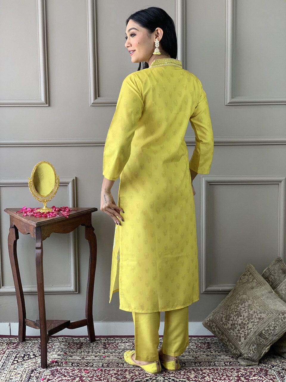 Yellow Muslin Printed Kurti with Chander Cotton Dupatta and Pant Kurti with Bottom and Dupatta Shopin Di Apparels 