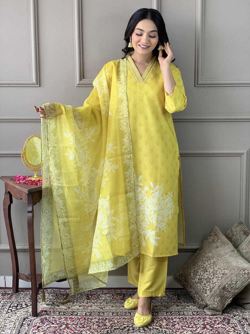 Yellow Muslin Printed Kurti with Chander Cotton Dupatta and Pant Kurti with Bottom and Dupatta Shopin Di Apparels 