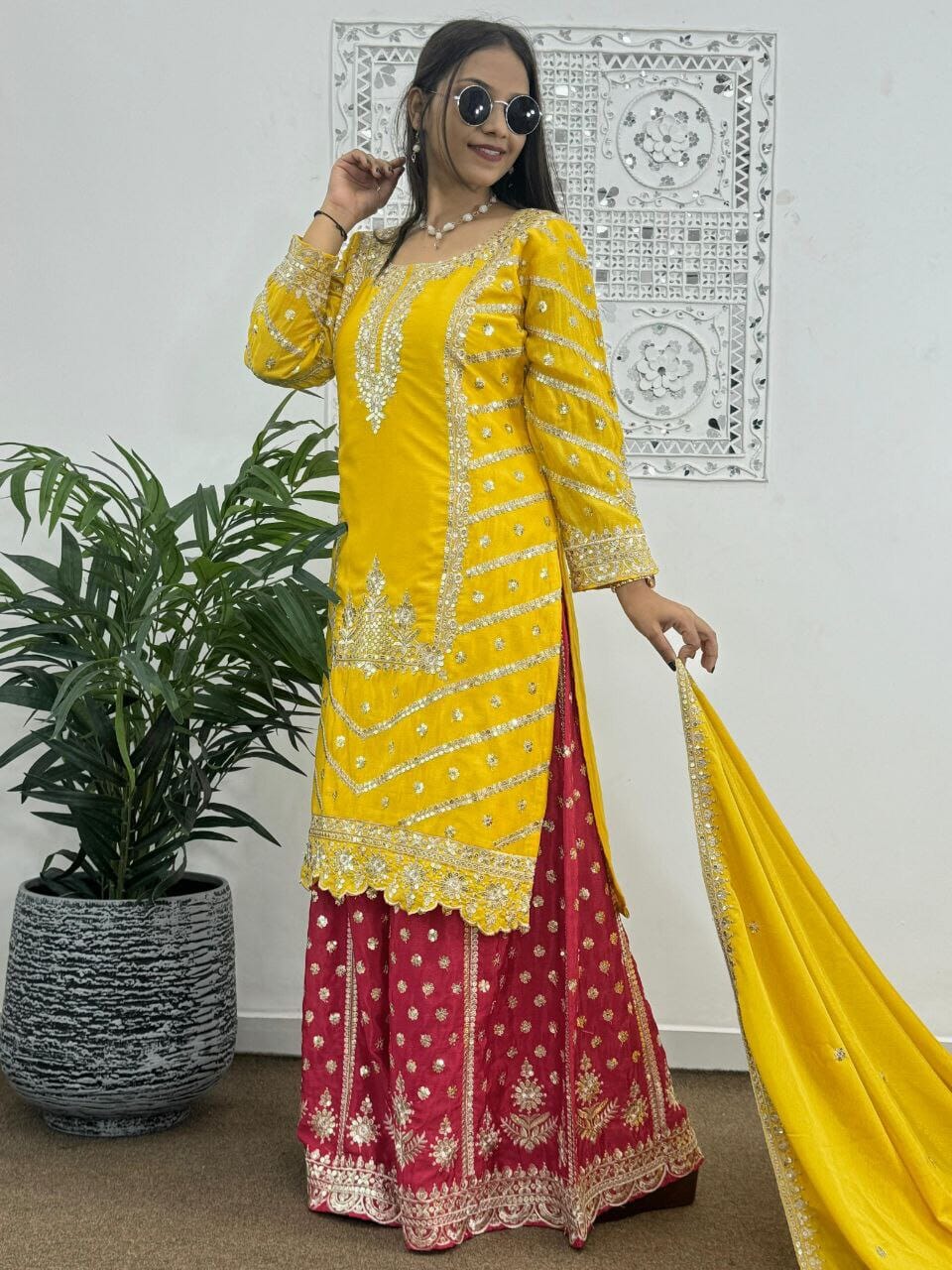 Yellow Sequence work Top with Red Sequence Work Plazzo Suit Ready Made Designer Suits Shopin Di Apparels 