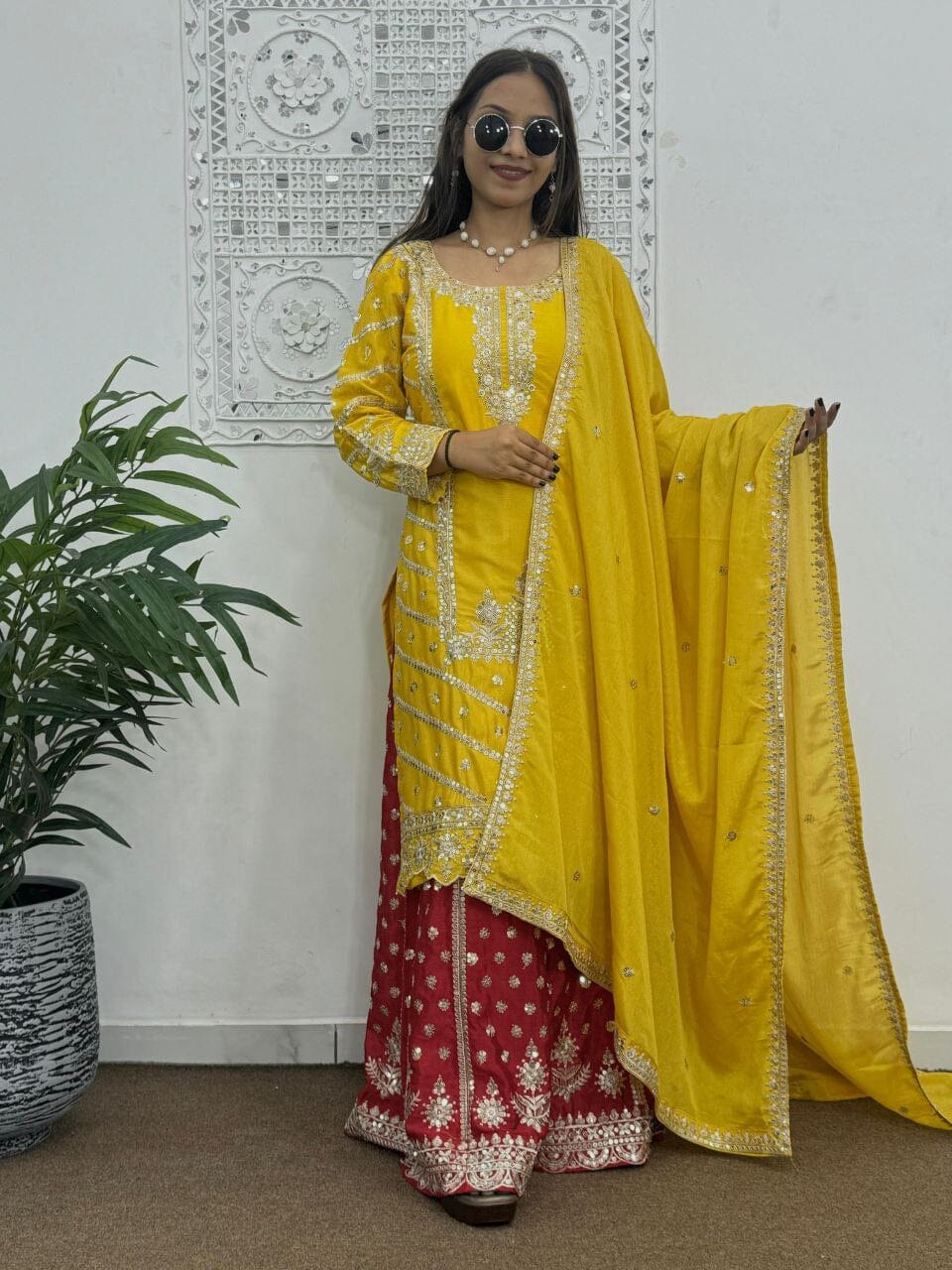 Yellow Sequence work Top with Red Sequence Work Plazzo Suit Ready Made Designer Suits Shopin Di Apparels 