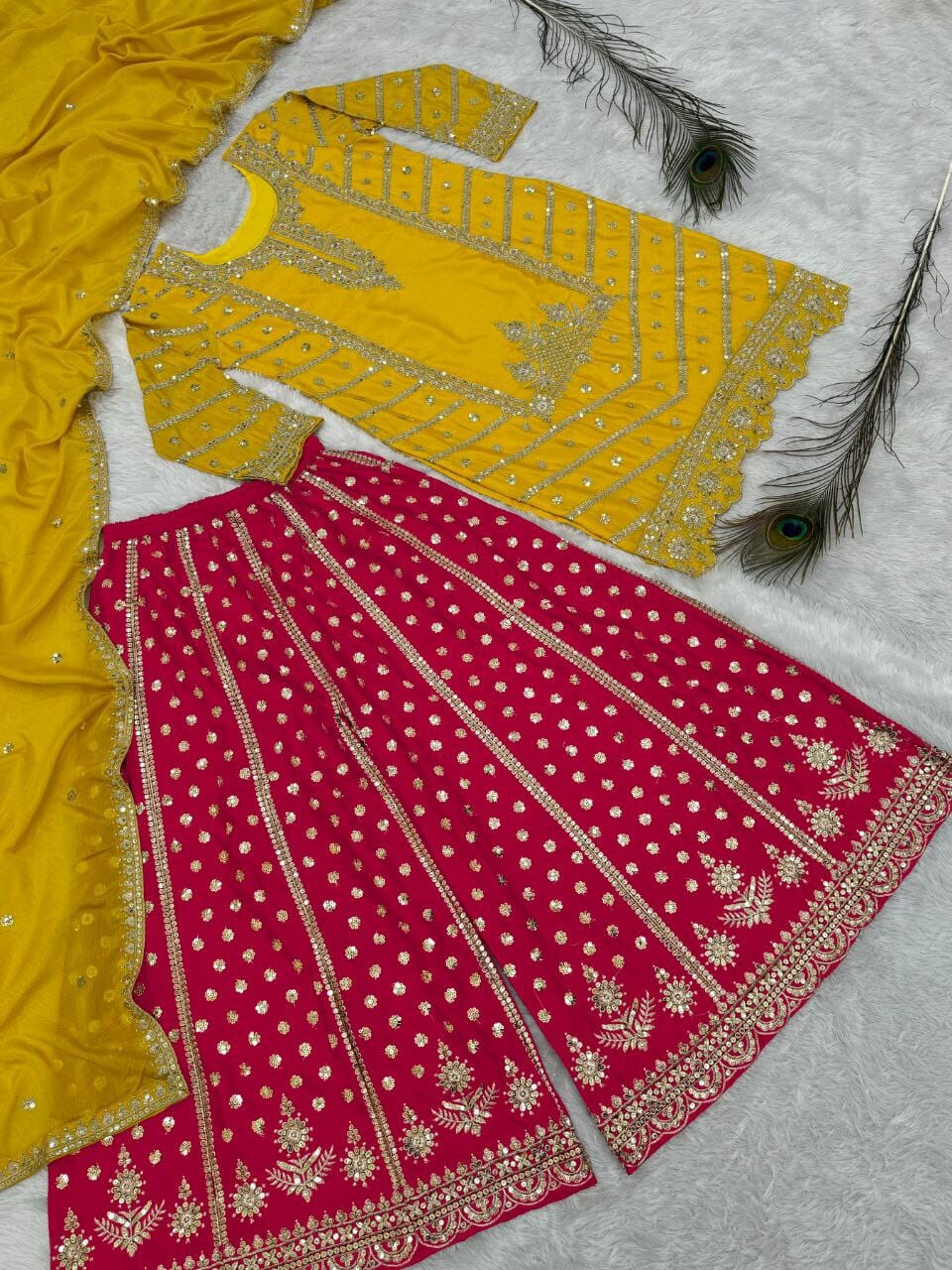 Yellow Sequence work Top with Red Sequence Work Plazzo Suit Ready Made Designer Suits Shopin Di Apparels 