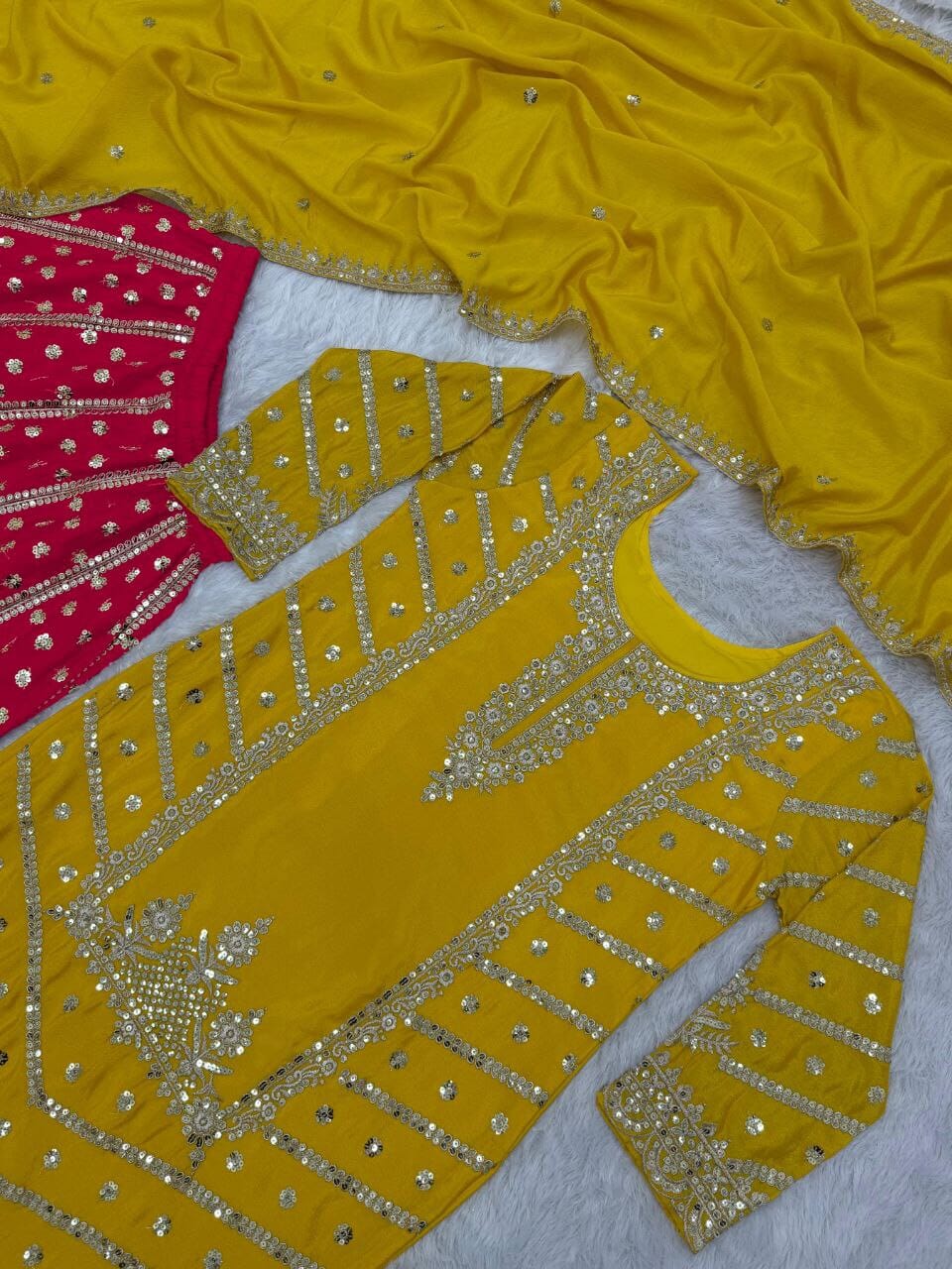 Yellow Sequence work Top with Red Sequence Work Plazzo Suit Ready Made Designer Suits Shopin Di Apparels 