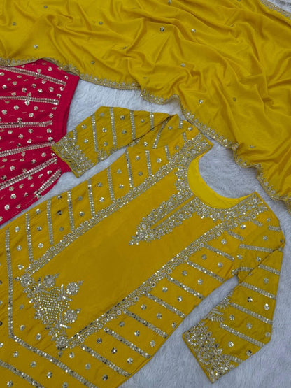 Yellow Sequence work Top with Red Sequence Work Plazzo Suit Ready Made Designer Suits Shopin Di Apparels 