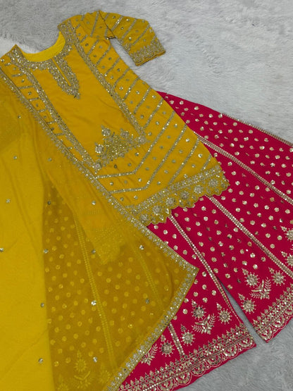 Yellow Sequence work Top with Red Sequence Work Plazzo Suit Ready Made Designer Suits Shopin Di Apparels 