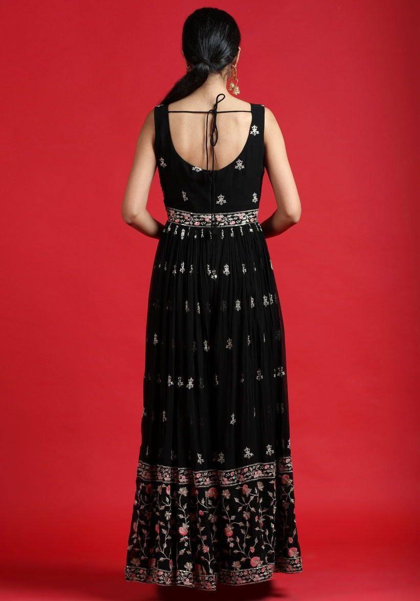 Black Designer Embroidered Georgette Jumpsuit Jumpsuits & Rompers Shopindiapparels.com 