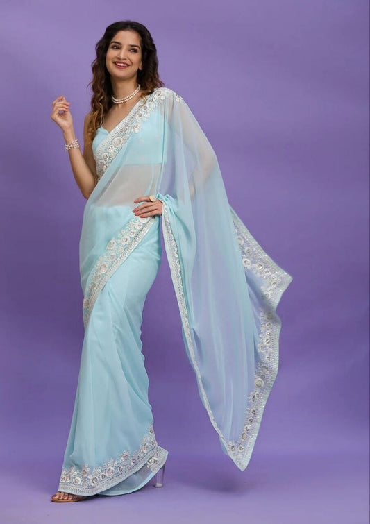 Blue Georgette embroidered Saree Shopin Di Apparels 