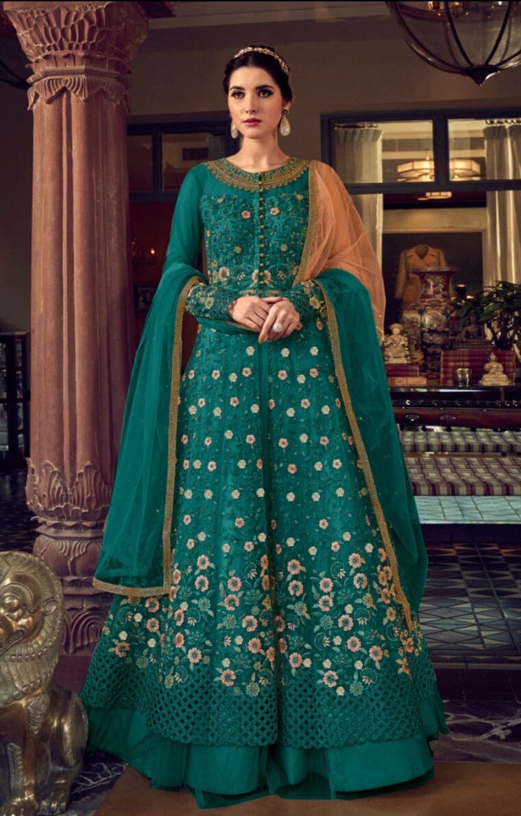 Dark Sea Green Butterfly Net Designer Suit with Skirt and Embroidered Pants Designer Suits Shopin Di Apparels 