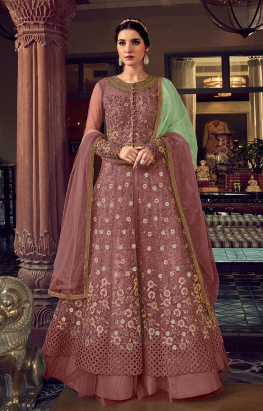 Dusky Pink Butterfly Net Designer Suit with Skirt and Embroidered Pants Designer Suits Shopin Di Apparels 