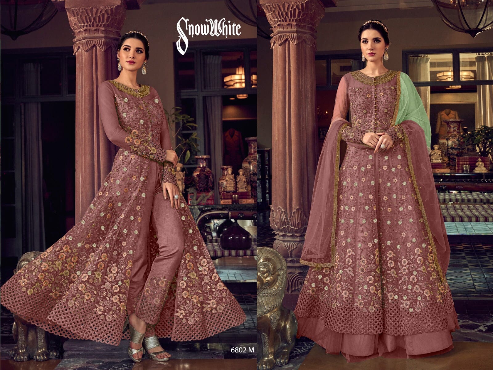 Dusky Pink Butterfly Net Designer Suit with Skirt and Embroidered Pants Designer Suits Shopin Di Apparels 