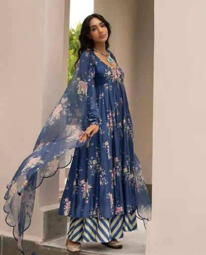 Heavy Printed Cotton Slub gown with plazzo and dupatta set Designer Suits Shopindiapparels.com 