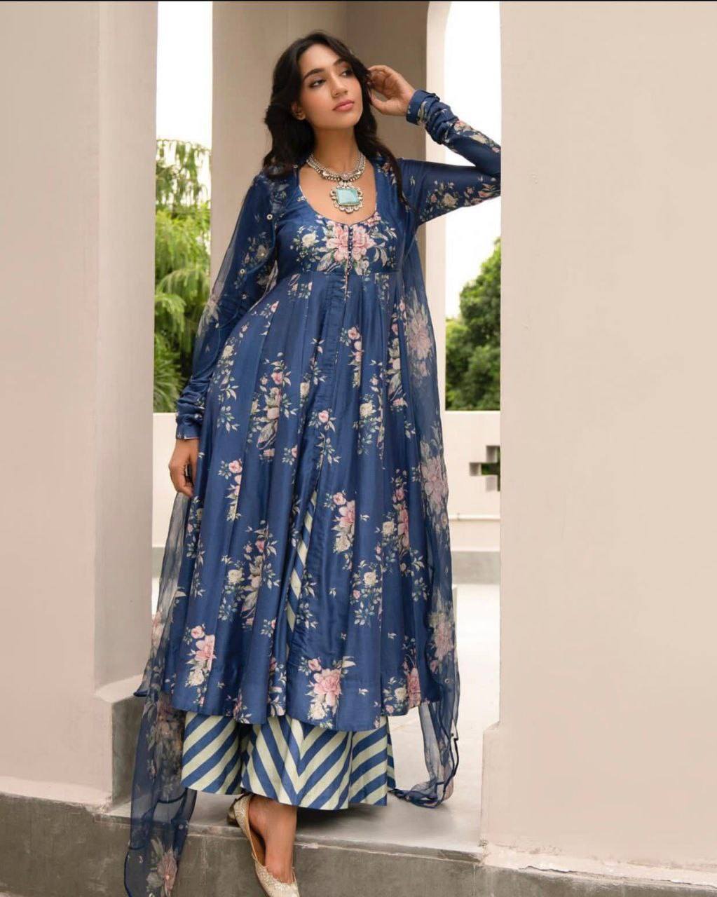 Heavy Printed Cotton Slub gown with plazzo and dupatta set Designer Suits Shopindiapparels.com 