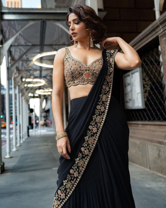 KD 241 Black Faux Georgette Ruffle Saree Shopin Di Apparels 