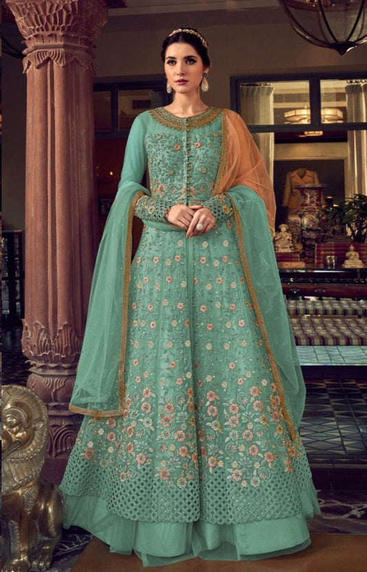 Light Blue Butterfly Net Designer Suit with Skirt and Embroidered Pants Designer Suits Shopin Di Apparels 