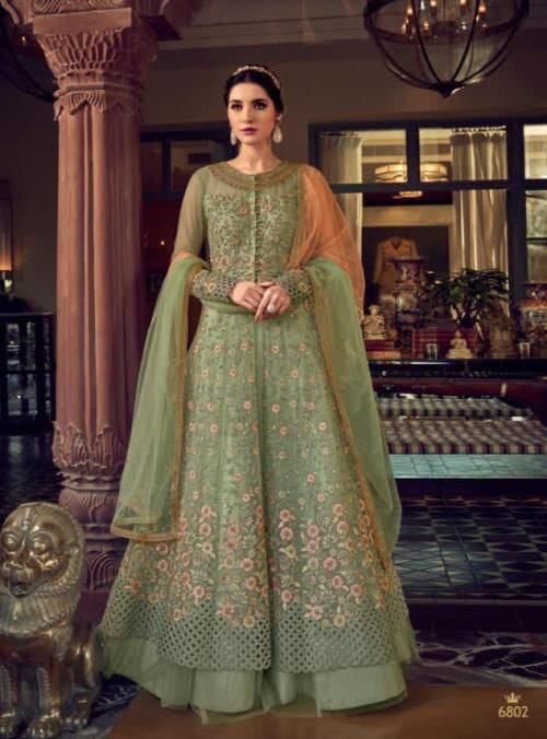 Light Green Butterfly Net Designer Suit with Skirt and Embroidered Pants Designer Suits Shopin Di Apparels 