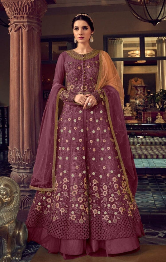 Majenta Butterfly Net Designer Suit with Skirt and Embroidered Pants Designer Suits Shopin Di Apparels 