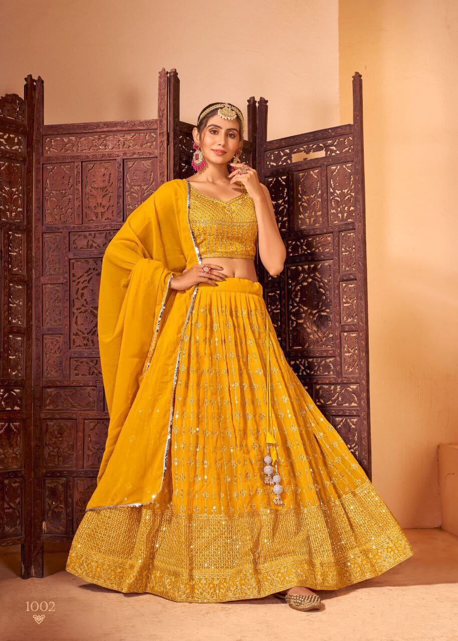 Mango Yellow Pure Georgette with Heavy Embroidery work 3pc Lehenga 3pc lehenga Shopin Di Apparels 