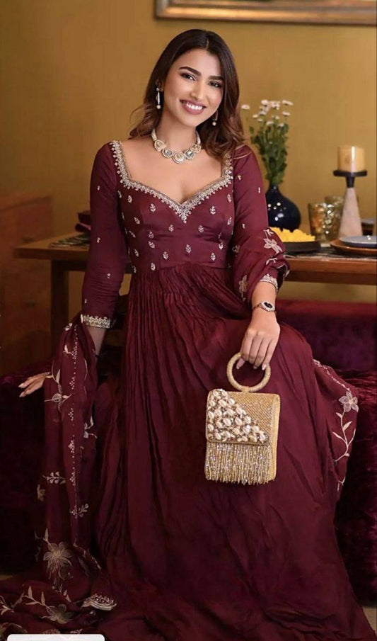 Maroon Georgette Designer Anarkali Gown With Heavy Embroidered Dupatta Gown shopindi.sg 