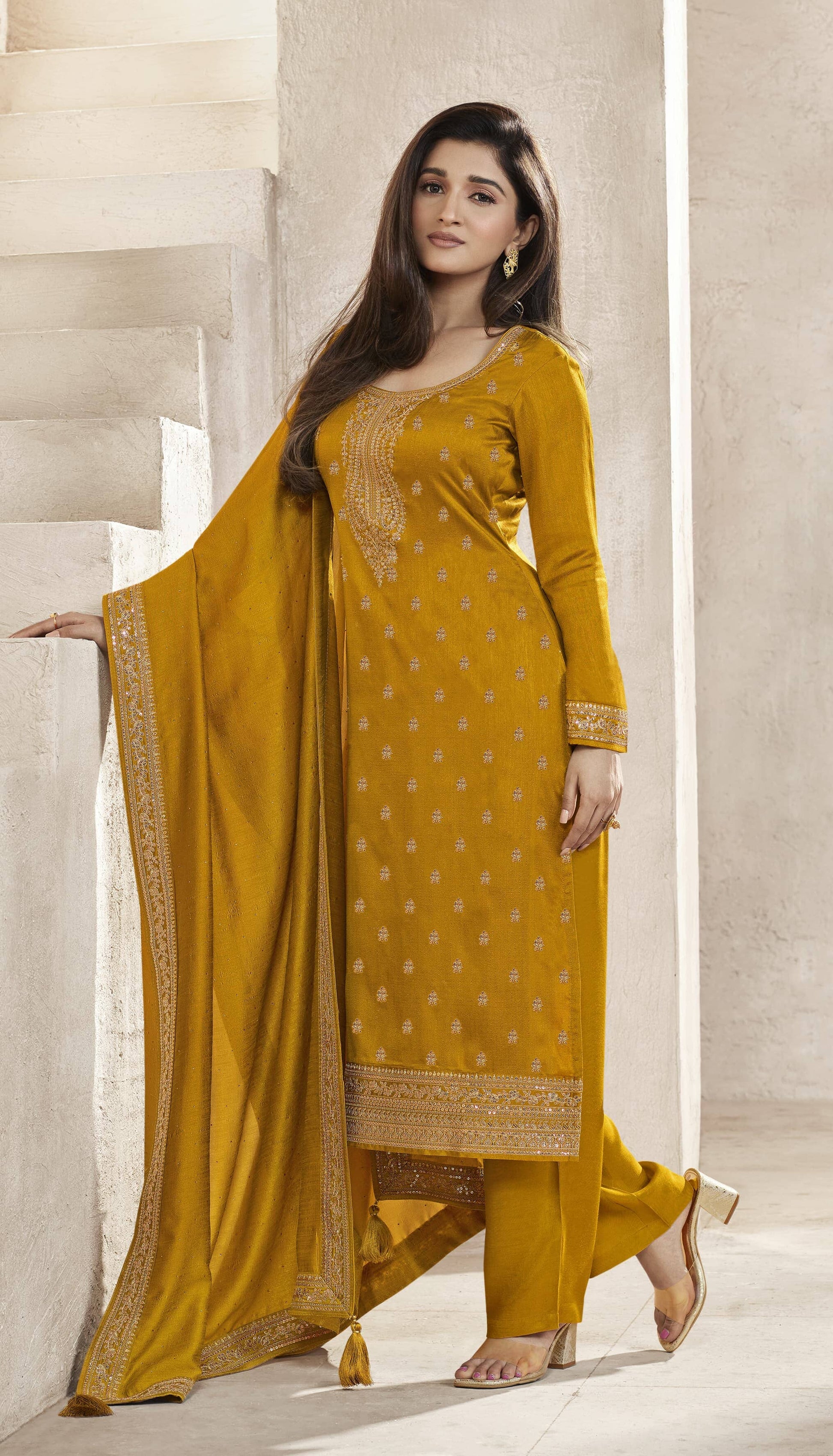 Mustard Kaseesh Aanchal Hitlist Silk Designer Salwar Kameez Straight Cut Suit Designer Suits Vinay 