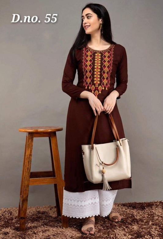 MV 55 Brown Reyon Embroidered Kurti with Chikan Plazzo Kurti with Plazzo shopindi.sg 