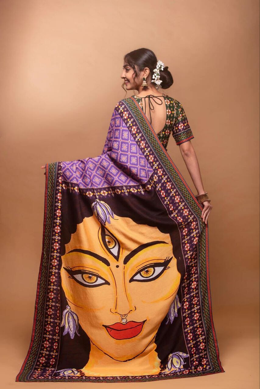 Navratri Saree Purple Crepe Silk with Digital Print of Goddess Designer Saree Shopin Di Apparels 