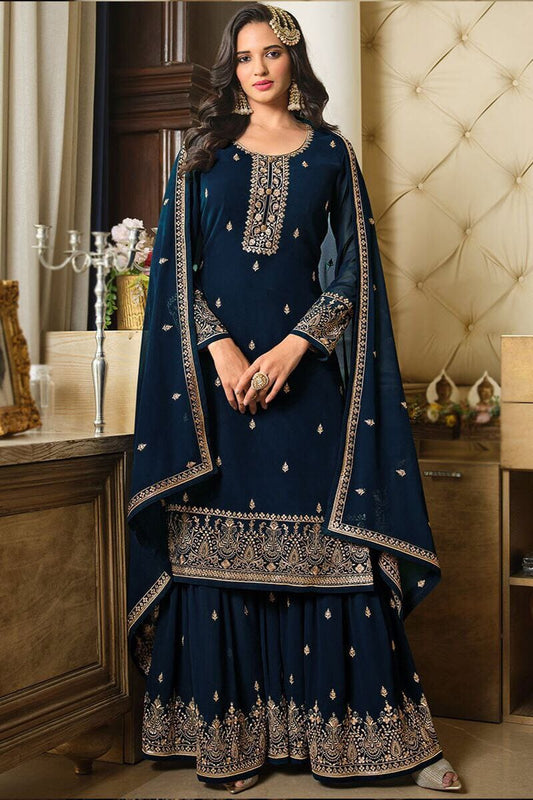 Navy Blue Faux Georgette Embroidered Straight Cut Designer Suit designer suits shopindi.sg 