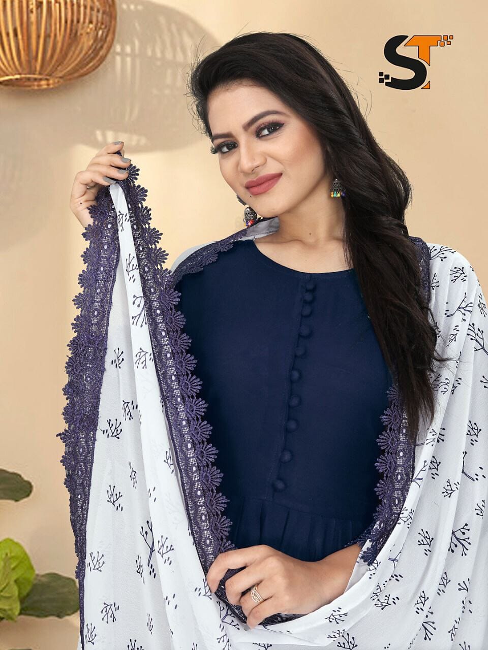 Navy Blue Heavy Rayon Gown with Geogette Dupatta shopindi.sg 