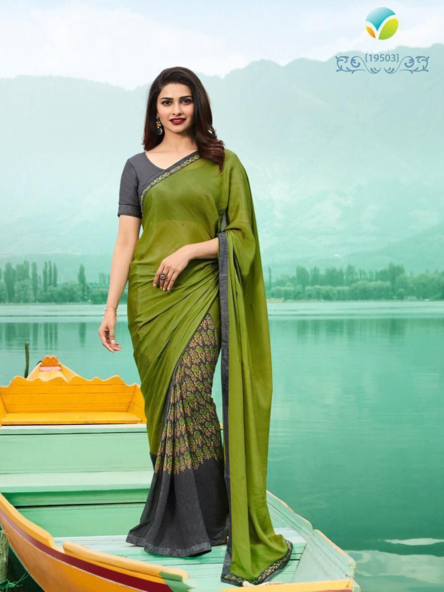 Olive Green Half Half Georgette Saree Saris & Lehengas Shopindiapparels.com 