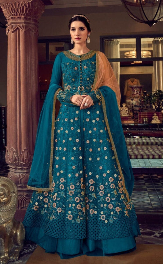 Peacock Blue Butterfly Net Designer Suit with Skirt and Embroidered Pants Designer Suits Shopin Di Apparels 