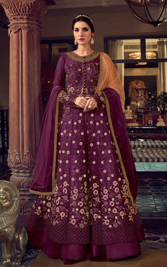 Purple Butterfly Net Designer Suit with Skirt and Embroidered Pants Designer Suits Shopin Di Apparels 