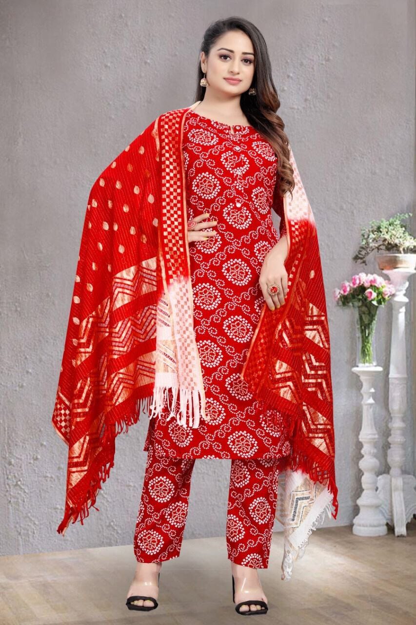 Red Bandhani Printed Rayon Straight Cut Suit Designer Suits shopindi.sg 