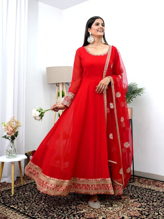 Red Fox Georgette with Embroidery sequins work Gown with Dupatta Shopin Di Apparels 