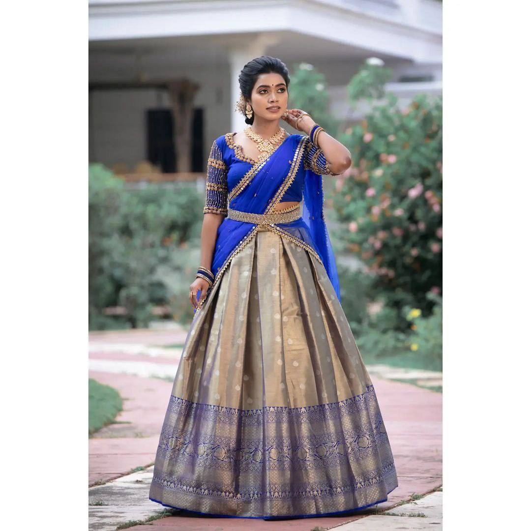 Navy-Blue Art Silk Leheriya Motif Zari Work Half Saree Style Banarasi  Lehenga Choli with Dupatta | Exotic India Art