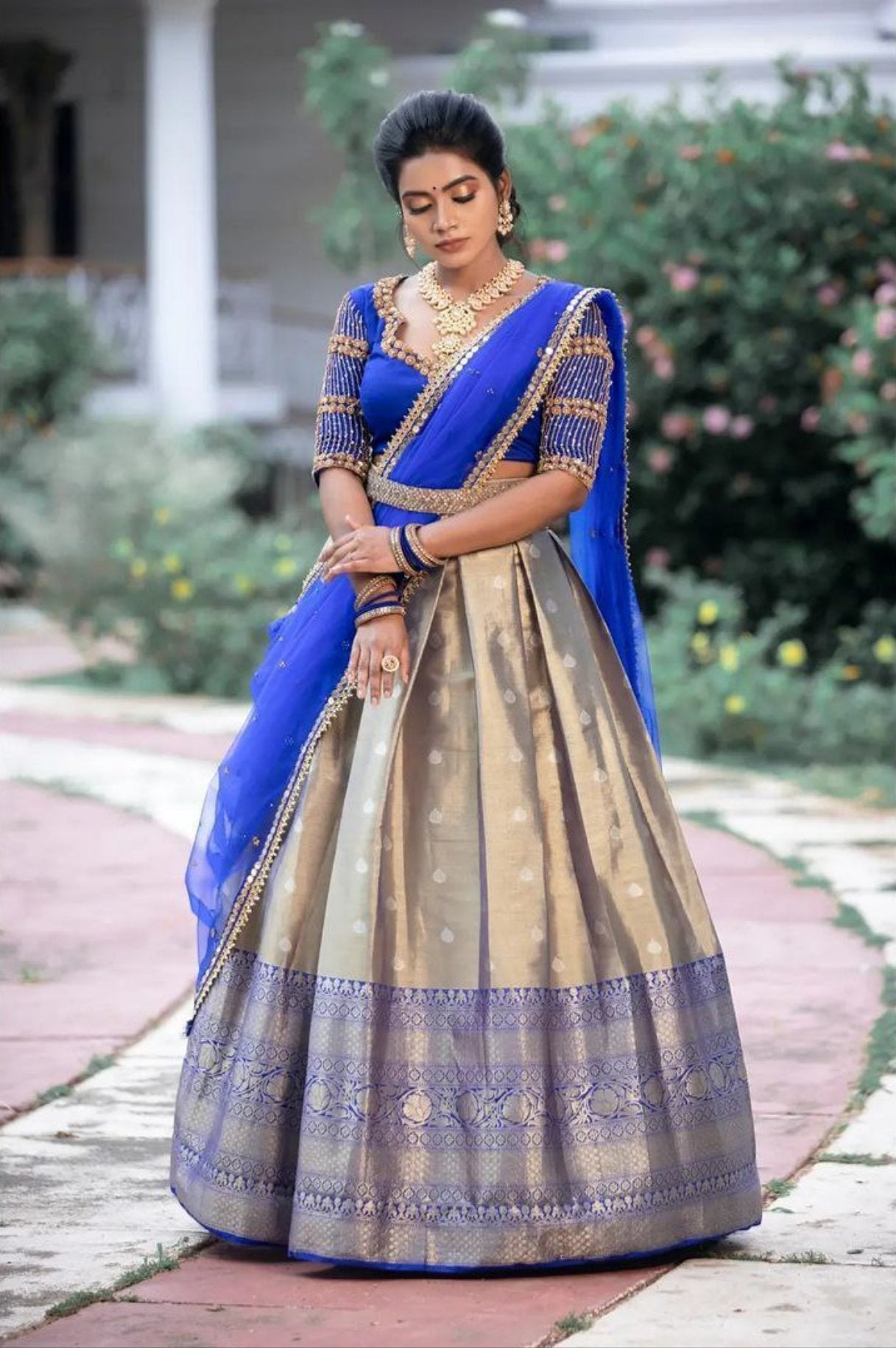 Yellow and Blue Half Saree | Wedding Saree Blouse Designs