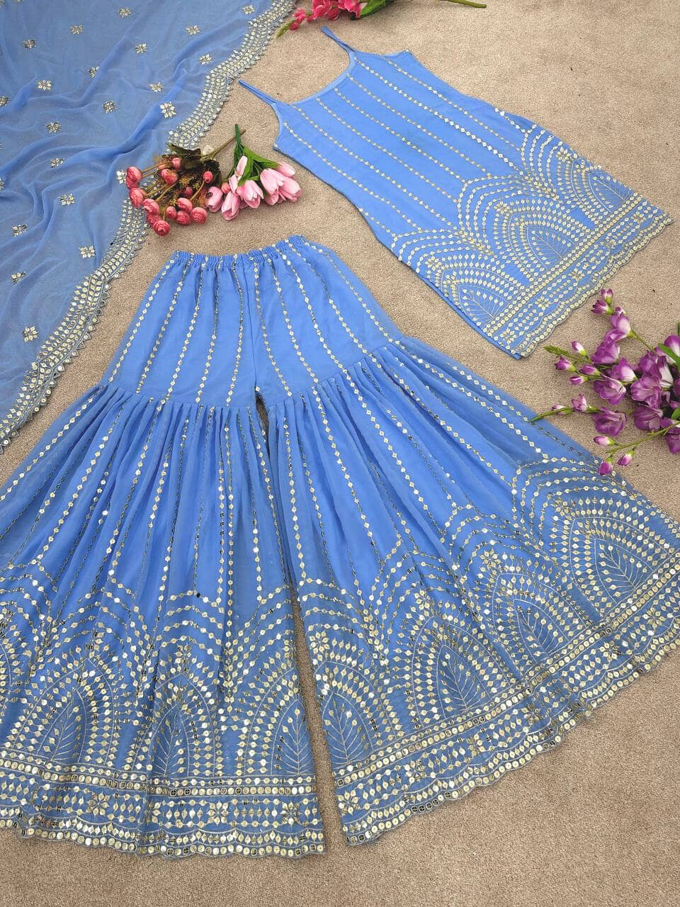 Sea Blue Sequence work Party Wear Designer Plazzo Suit designer Suits shopindi.sg 