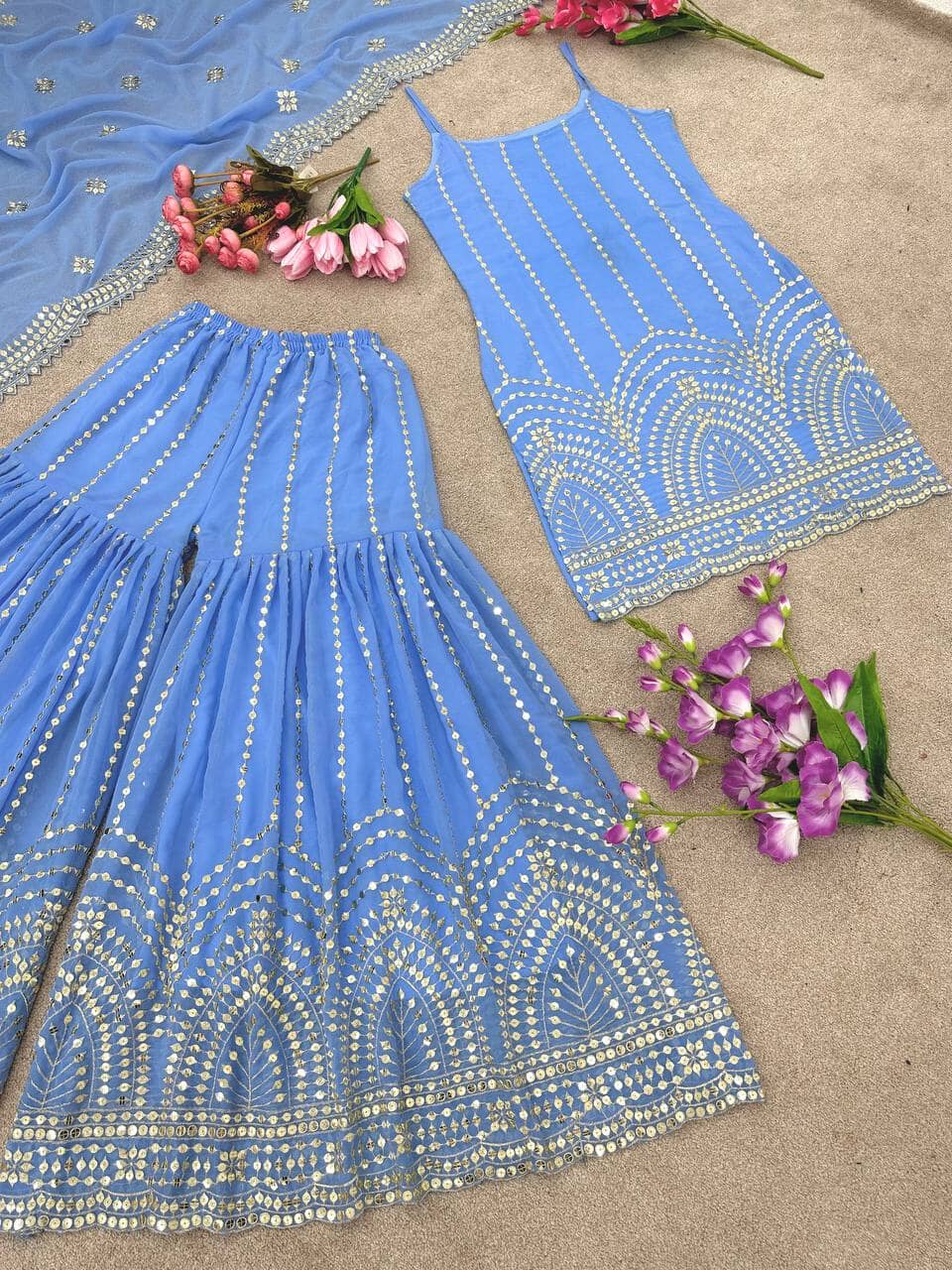 Sea Blue Sequence work Party Wear Designer Plazzo Suit designer Suits shopindi.sg 