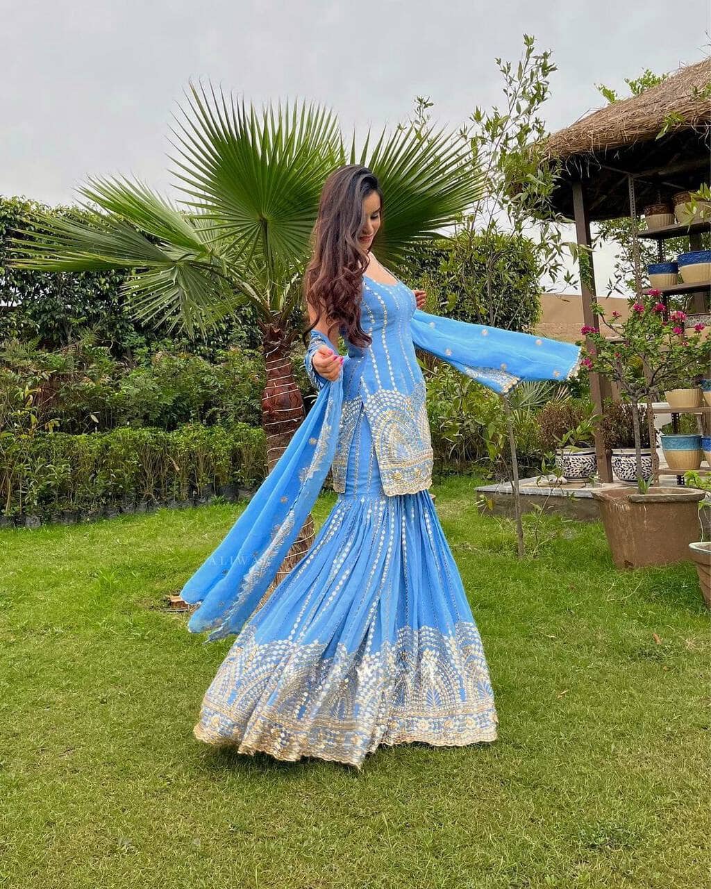 Sea Blue Sequence work Party Wear Designer Plazzo Suit designer Suits shopindi.sg 