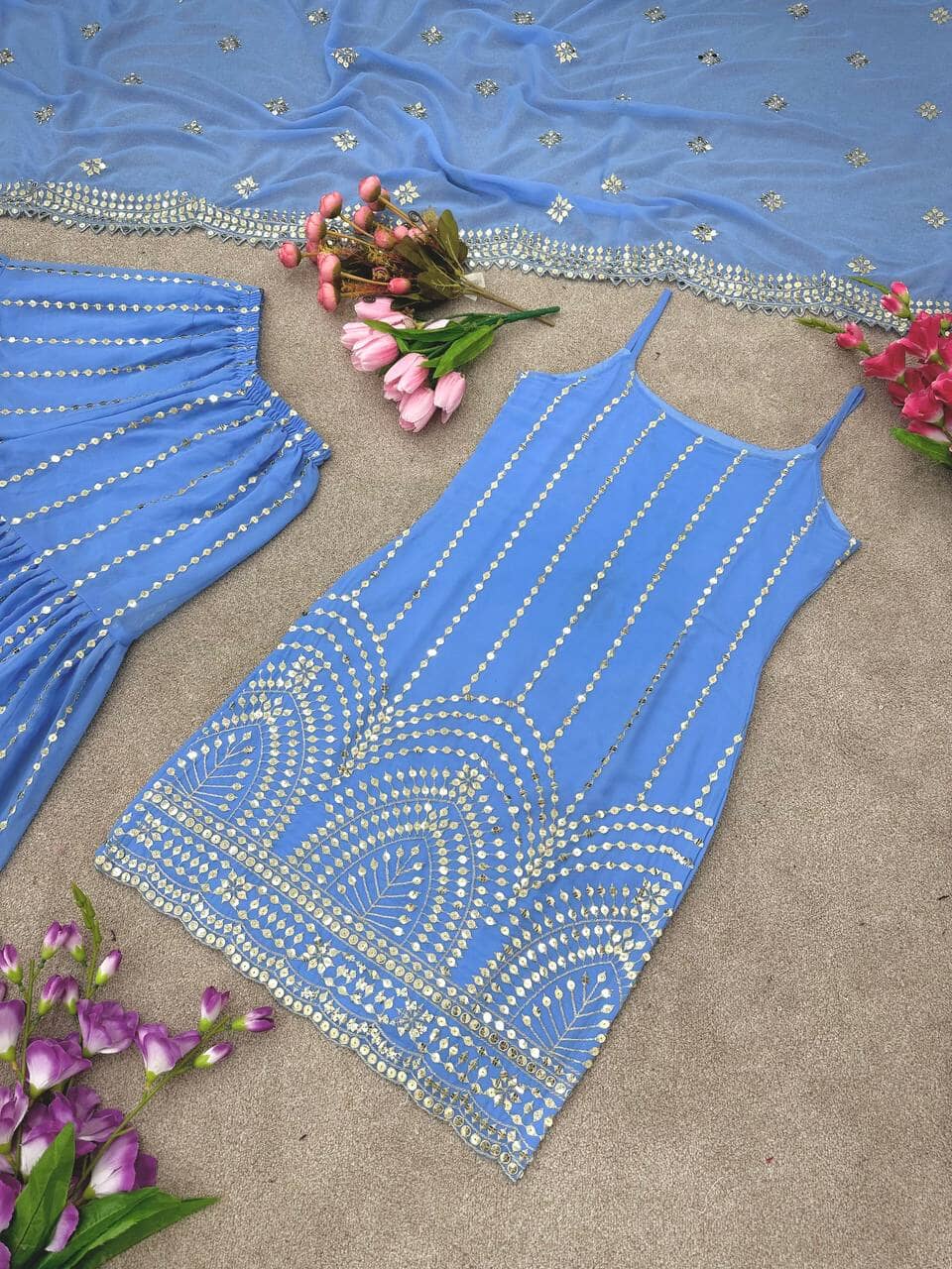 Sea Blue Sequence work Party Wear Designer Plazzo Suit designer Suits shopindi.sg 