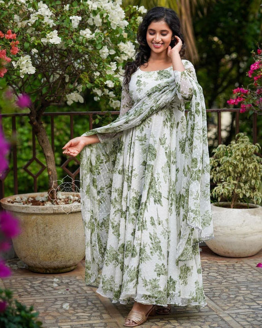 Solid Butti Georgette Green Floral Printed Maxi Gown with Dupatta Gown shopindi.sg 