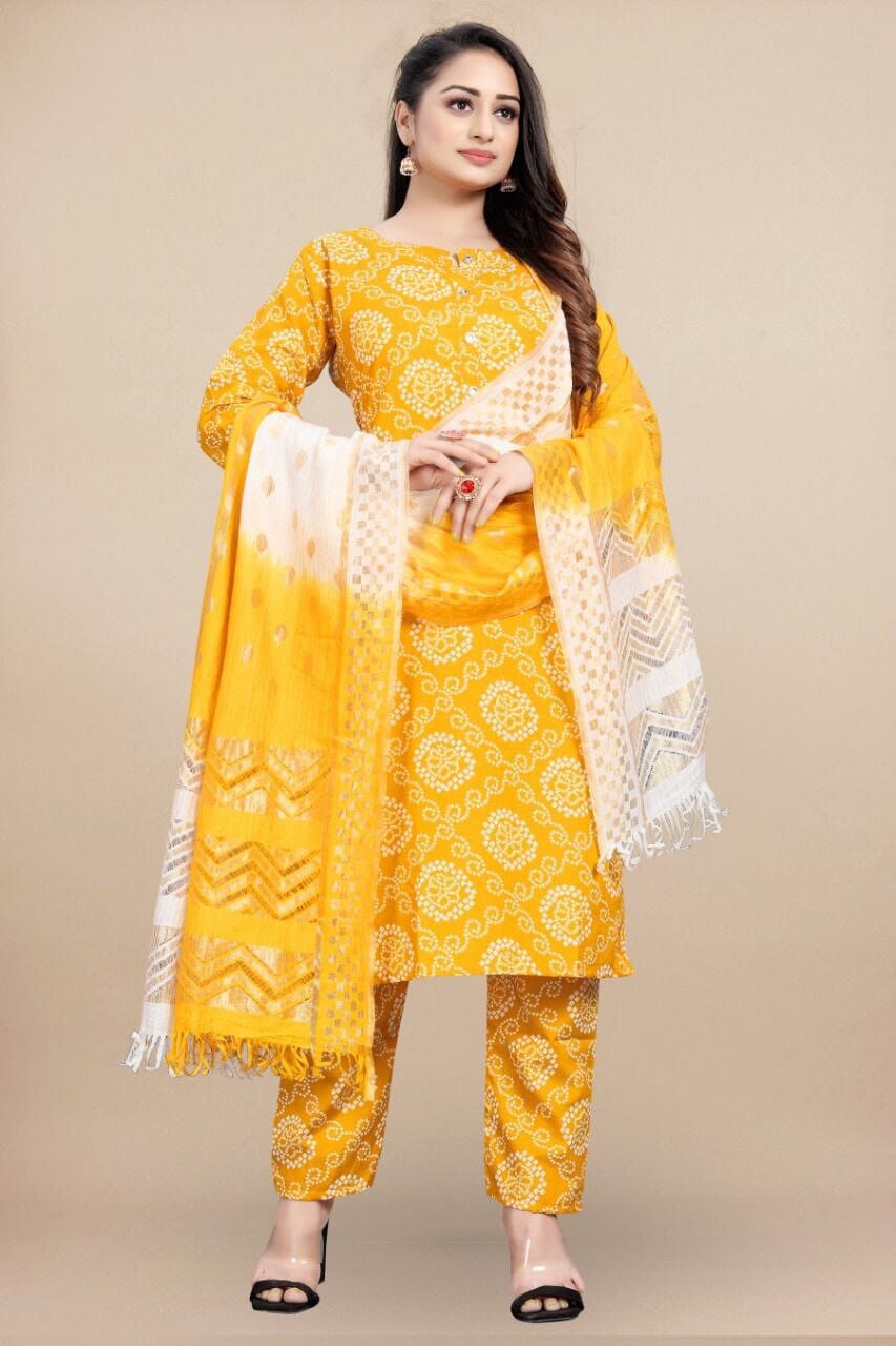 Yellow Bandhani Printed Rayon Straight Cut Suit Designer Suits shopindi.sg 