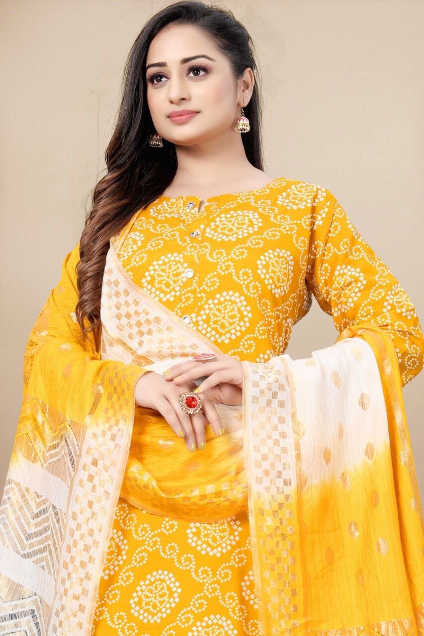 Yellow Bandhani Printed Rayon Straight Cut Suit Designer Suits shopindi.sg 