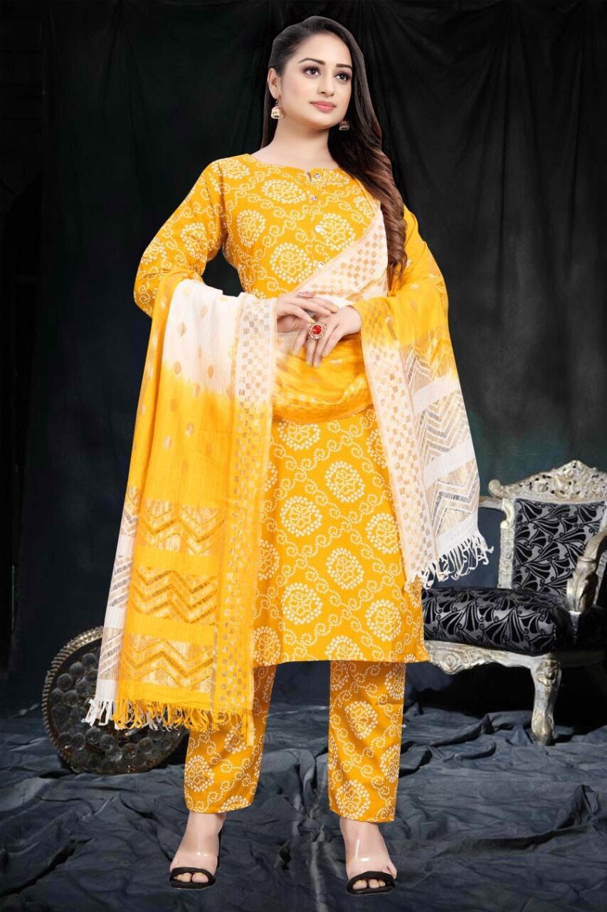 Yellow Bandhani Printed Rayon Straight Cut Suit Designer Suits shopindi.sg 