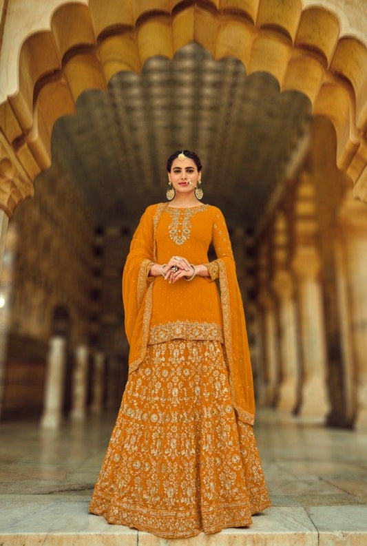 Yellow Faux Georgette Designer suit with khatli and diamond work Designer Suit Shopindiapparels.com 